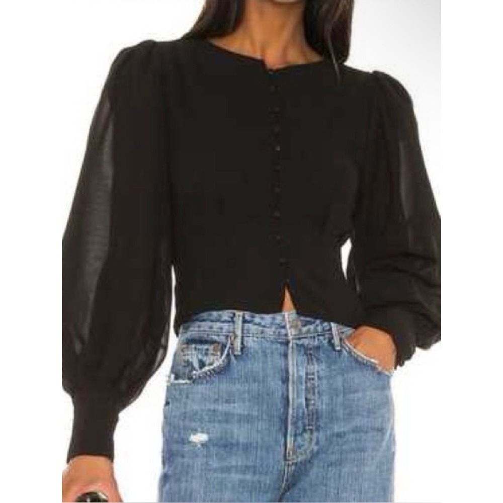 LPA Alice Top Black Puff Sleeve‎ Button Front Cropped Blouse Size M